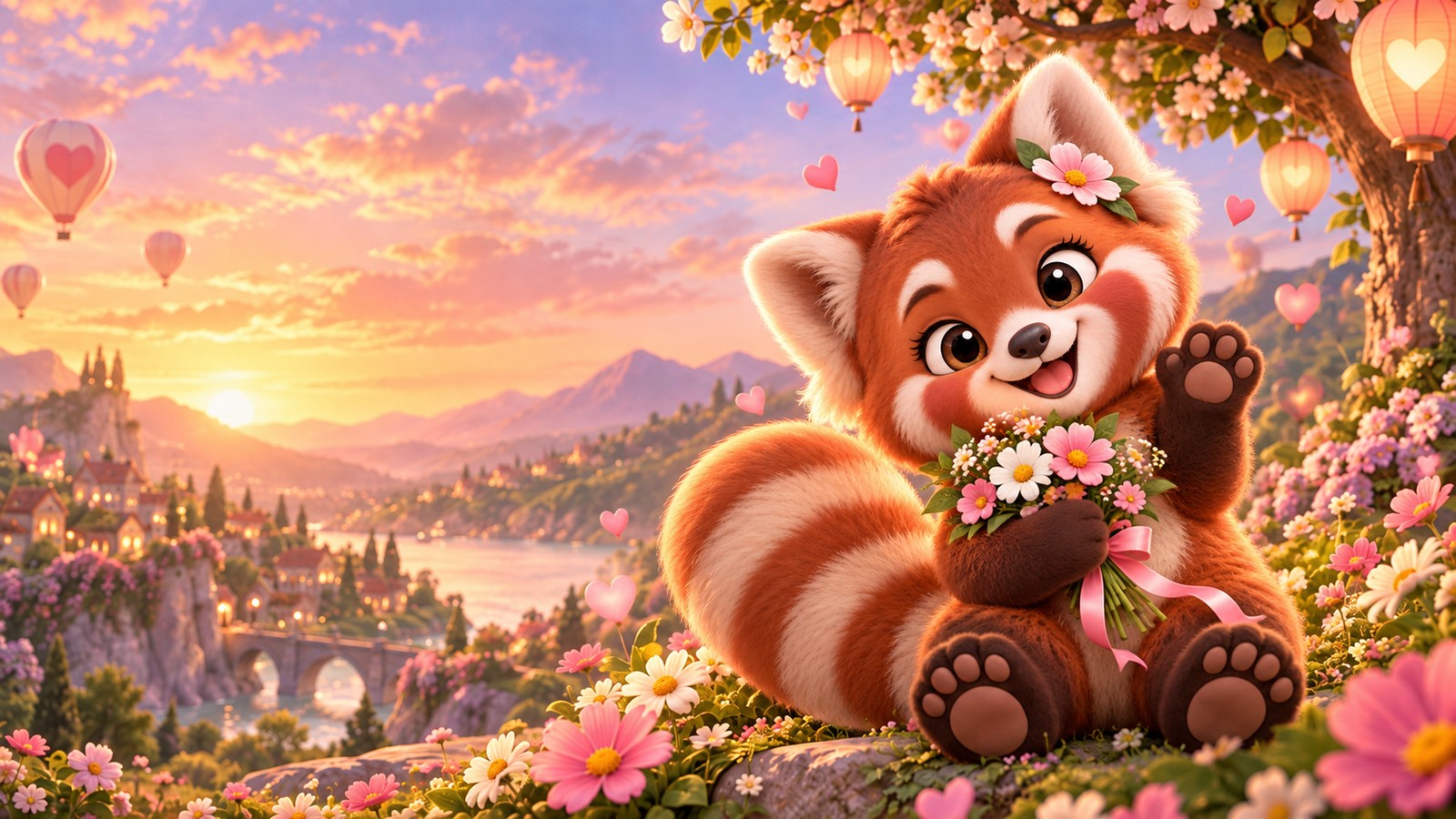 Posy the Panda waving with flowers in a sunset valley on the Rare Girl Names contact page