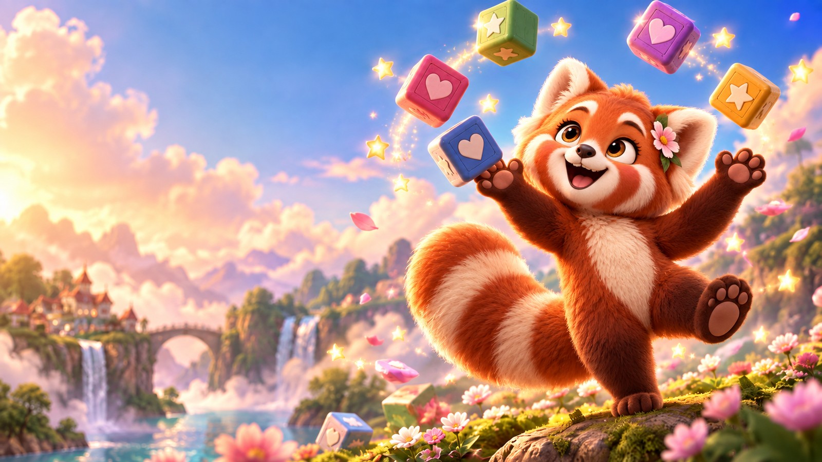 Posy the Panda tossing colorful blocks on the Find My Rare Girl Name quiz page
