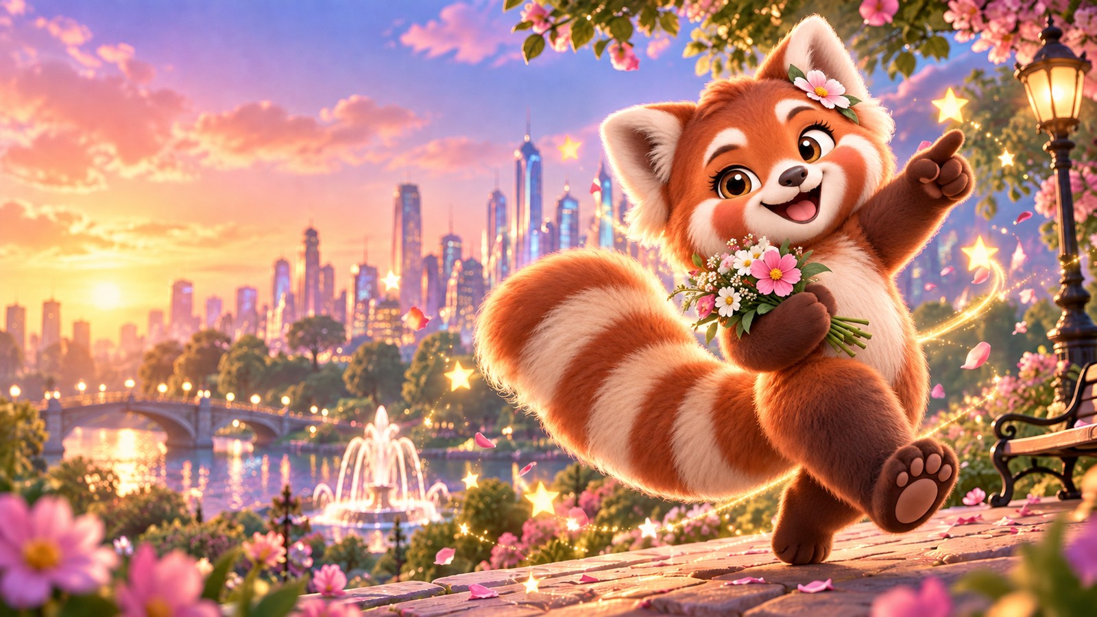 Posy the Panda leaping through a glowing city park representing girl name rarity and popularity data