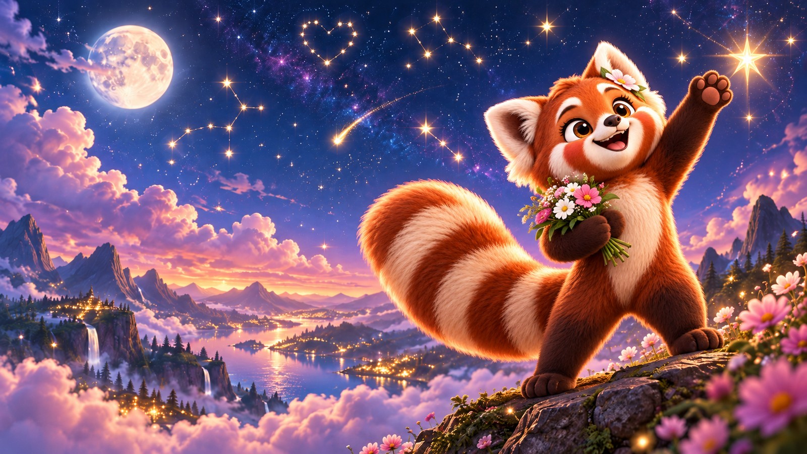 Posy the Panda reaching for the stars in a moonlit sky representing rare celestial girl names