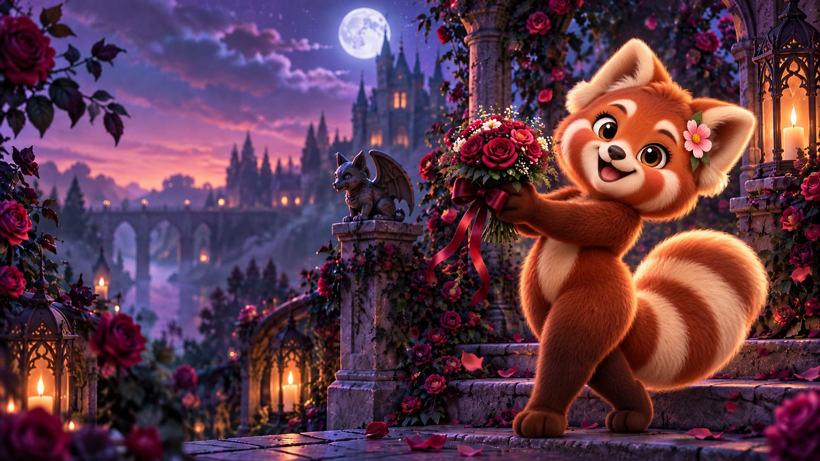 Posy the Panda presenting dark roses in a moonlit castle garden representing rare gothic girl names