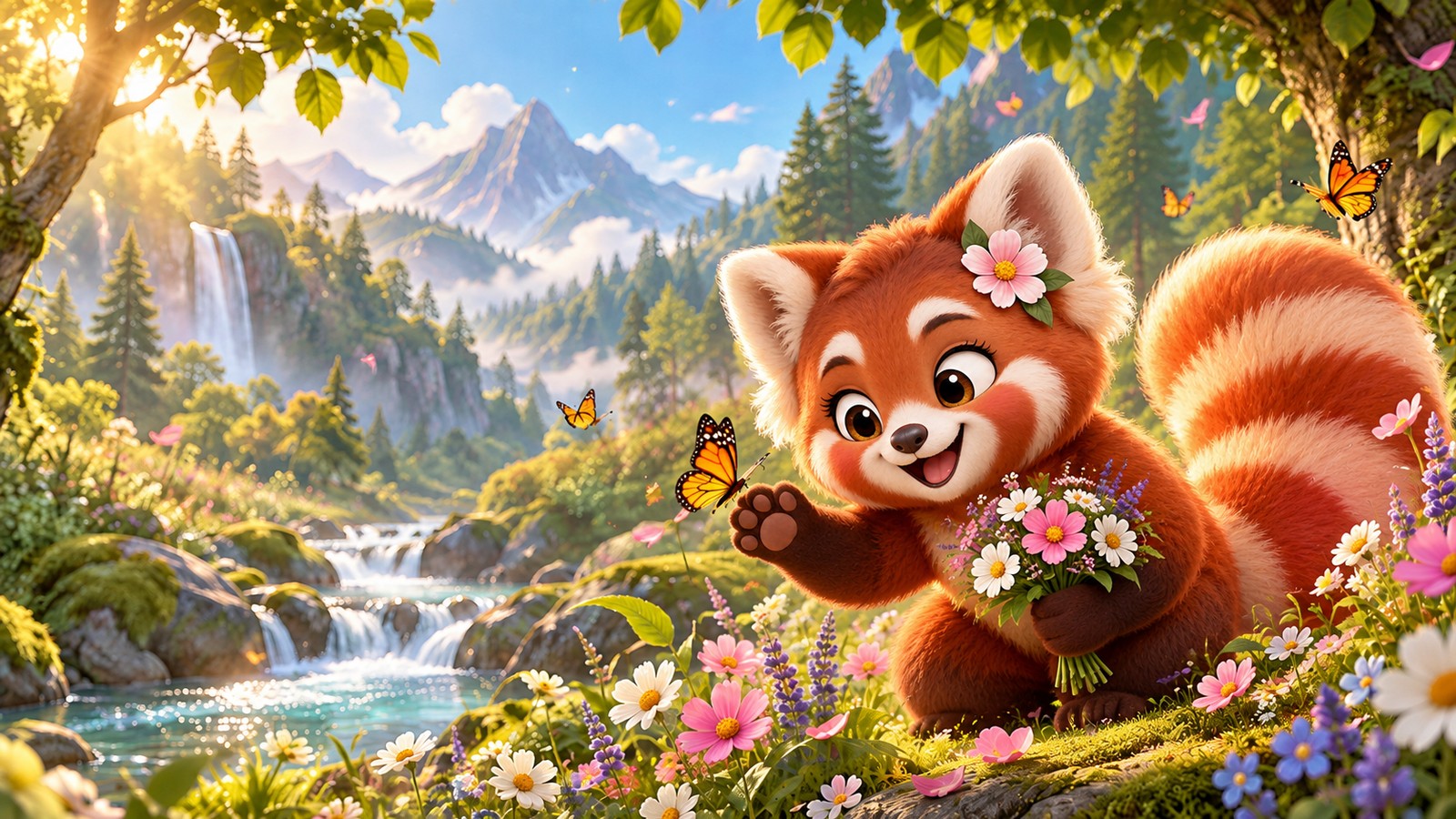 Posy the Panda greeting butterflies in a mountain meadow representing rare nature girl names