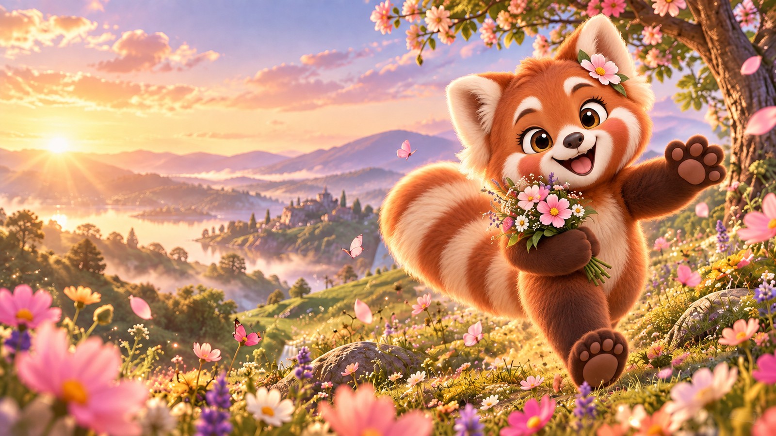 Posy the Panda skipping through a sunrise flower meadow representing unique girl names