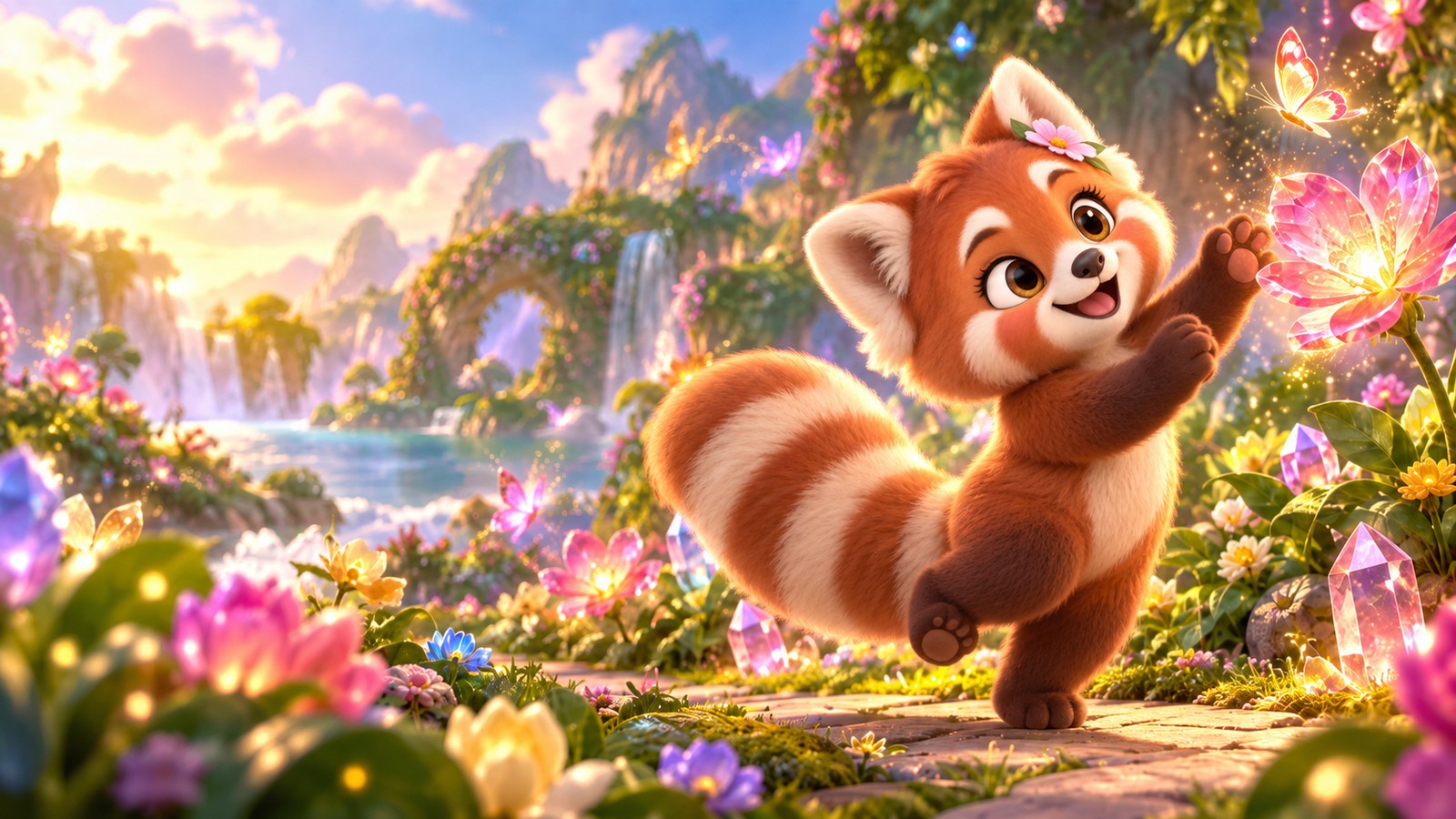 Posy the Panda reaching toward a glowing crystal flower representing very rare girl names